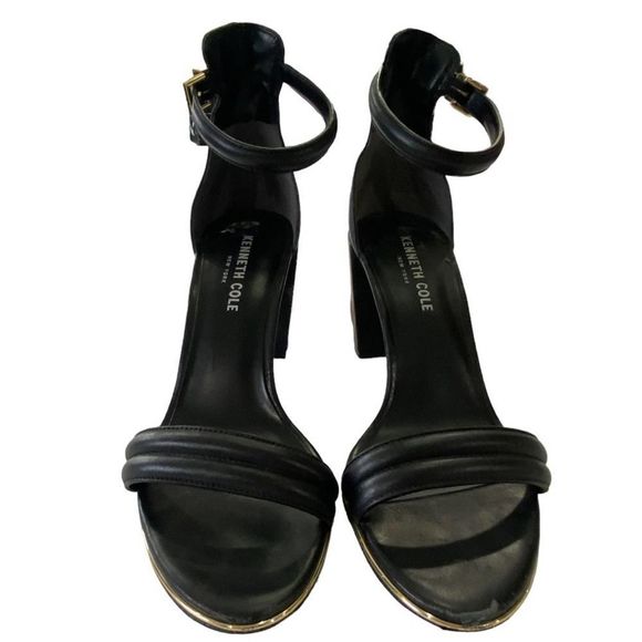 Kenneth Cole Lisa Black Suede Heels Sandals size  7.5 Embroidered Floral Chunky - Picture 3 of 9